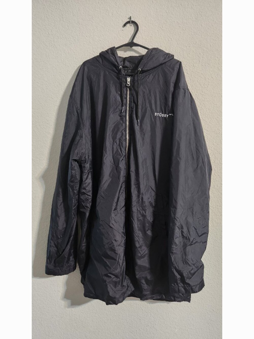 Stussy International Long Black Hooded Zip up Jacket size large